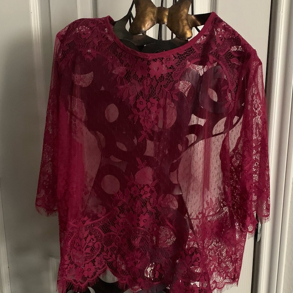 Burgundy lace mesh blouse